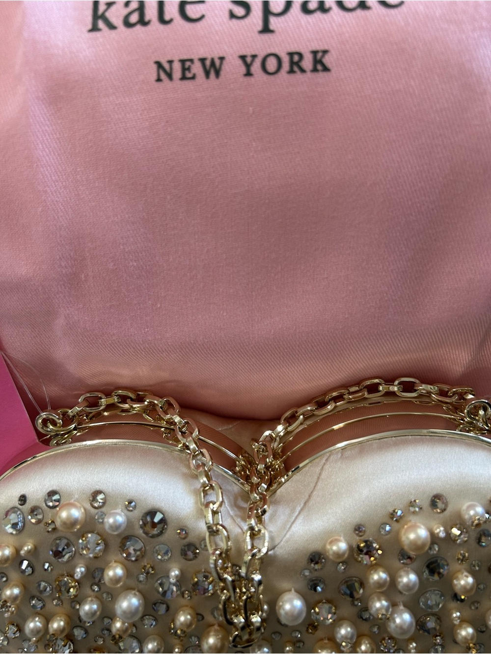 NWT Kate Spade NYC Pearl & Crystal Heart Bridal Clutch with Gold Chain- Ivory - Picture 6 of 12